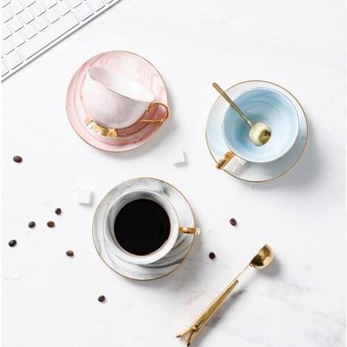 Nordic Light Luxury Marble-printed Gold Ceramic Coffee Cup Sets Saucer Creative Afternoon English Colorful Hand Painted Tea Mugs