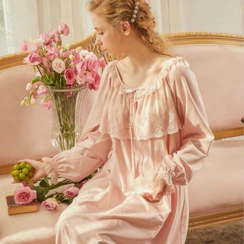 Nightgown Cotton Long Sleeve Sleepwear Vintage Nightgown European Medieval Style Nightdress Pink White
