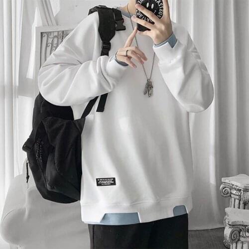 Springs new fake two-piece round-necked mens Korean version of the trendy loose-fitting jacket hit color stitching top