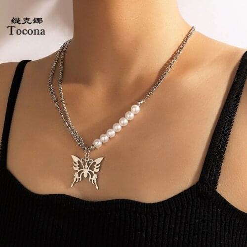 Tocona Luxury Pearl Stone Butterfly Pendant Necklace for Women Charms Silver Color Alloy Metal Party Jewelry Accessories Collar