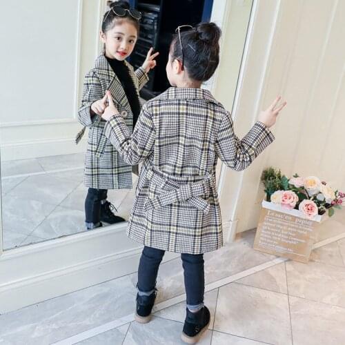Kids Girls Overcoat Winter Fashion Houndstooth Wool Coat for Girl Teens Autumn Jacket Long Thick Outerwear Children Windproof