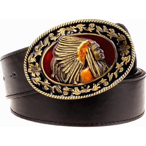 Fashion wild men belts metal buckle retro big head belt Indian chief western style belt hip hop Street Dance exaggerated belt