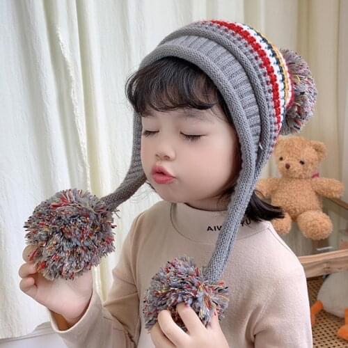 Children Winter Thick Warm Ear Protective Knitted Cap With Hairball Plush Face Cover Hat