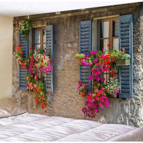 Window Red Flower Bonsai Print Fabric Tapestry Decorative Wall Art Room Accessories Wall Hanging Cloth Nordic Home Decor