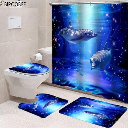 3D Ocean Design Dolphin Waterproof Fabric Bathroom Curtain Shower Curtains Set Sea Animals Anti-skid Rugs Toilet Cover Bath Mat