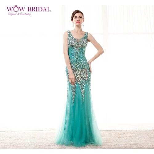 Wowbridal Bling Bling Long Prom Dress 2021 Scoop Crystal Beaded Sheer V-Neck Open Back Chiffon Pleat Ruched Mermaid Formal Dress