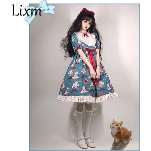 Japanese Sweet Kawaii Lolita dress gray-green wish cat Lolita cat Vintage Victorian Gothic Bow Princess Tea Party Dresses