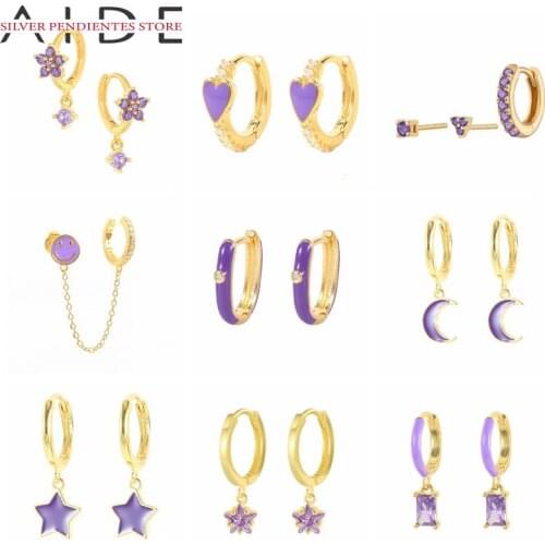 AIDE Purple Zircon Hoops Earrings Women 925 Sterling Silver Water Drop Star Moon Pendant Huggie Earrings Enamel jewelry Brincos