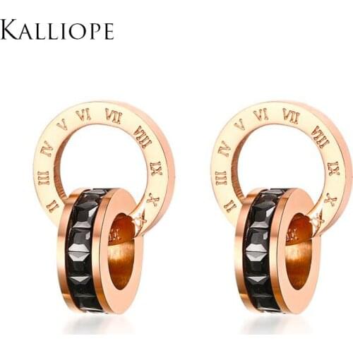 2019 new arrival 17.5MM stainless steel black CZ stone Roman numerals earrings fashion lady bijoux accessories women