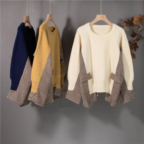 Woman Sweater Fashion Irregular Hem Knitted Pullovers Long Sleeve Top Plaid Patchwork Korean Loose Sweaters Harajuku Jumpers