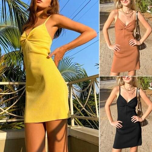Womens Sexy Cami Dress Spaghetti Strap Sleeveless Twist Front Knot Solid Color Mini Dress