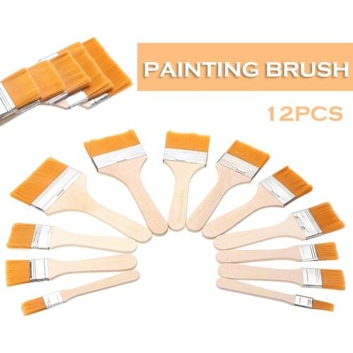 12pcs Wooden Paint Brushes Long Flat Head Cleaning Brush Gouache Acrylic Oil Painting Brush Painting Wall Art Supplies