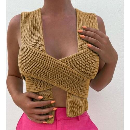2021 Sexy Women Tops Vest Solid Color Pullover Sleeveless Bandages Knitted Sweater Outwear for Party Tropical Crop Tops 2021