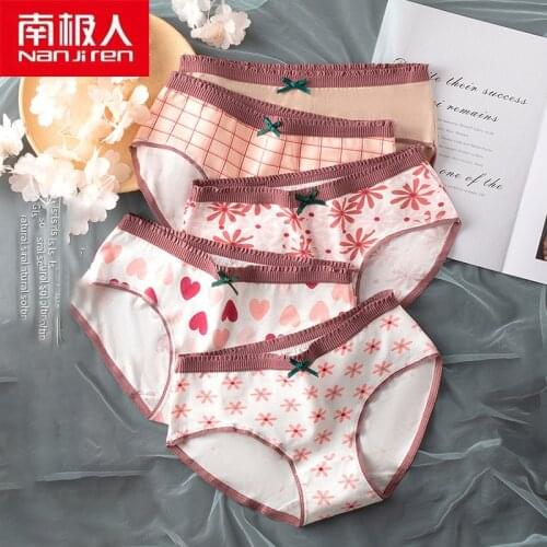 NANJIREN Women Underwear Lingerie Pants Cotton Breathable Antibacterial Crotch Mid-Rise Solid Color Print Girls Briefs 5pcs