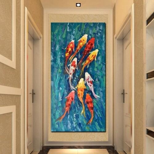 Big Wall Art Picture Print Chinese Abstract Nine Koi Fish Landscape Oil Painting on Canvas Poster For Living Room Modern Decor