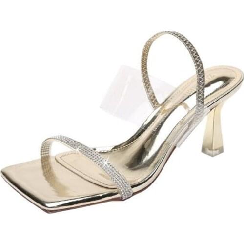 Women sandals PU Sequined Cloth Slip On 7CM Thin Heels High heels Square Toe Bling Shallow sandal for women shoes size 35-42