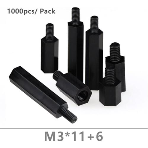 1000pcs Black Nylon spacer M3*11+6 Hex Nylon standoff spacers M3x11+6mm for PCB board Fix theaded pillars