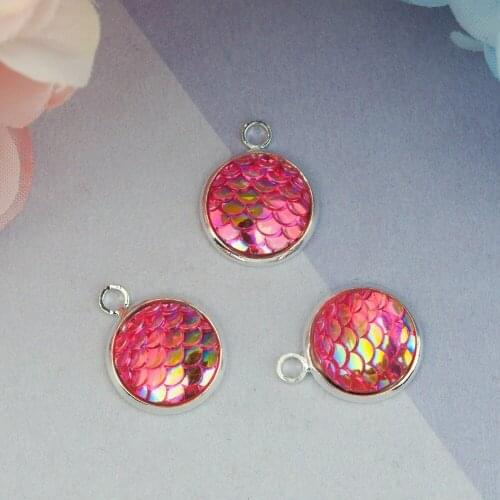 DoreenBeads Copper & Resin Mermaid Fish/ Dragon Scale Charms Round Fuchsia AB Color Pendant DIY Findings 18 x 14mm, 10PCs