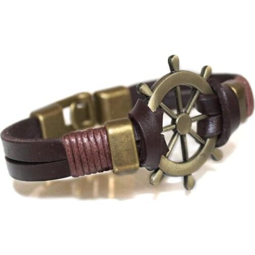 HOT NEW Genuine Cow Leather Bracelets For Men women Punk Vintage Rudder Charm Leather Bracelet Bangles Jewelry