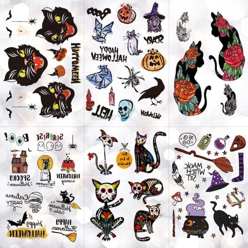 Halloween Pumpkin Magic Unicorn Waterproof Temporary Tattoo Sticker Skull Cats Black Crow Flash Tattoos Body Art Arm Fake Tatoo