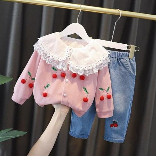 Girls Princess 3pcs Clothes Set Baby Kids Children Spring Autumn Long Sleeve Blouse Shirt+Cherry Cardigan Coat+Jeans Pant