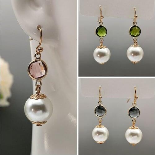 Fashion White Pearl Crystal Stone Dangle Earrings Jewelry Pink Green Round Rhinestone Statement Wedding Earring Bijoux