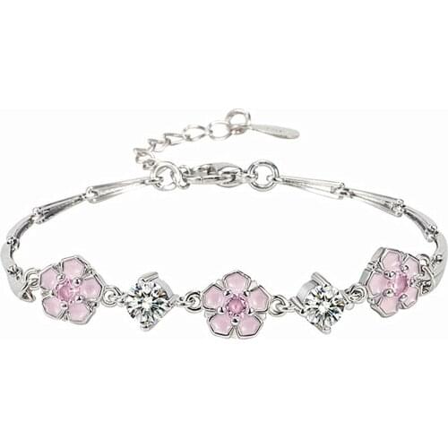 Fashion Cute Sakura Flower Pink Crystal Zircon Diamonds Gemstones Chain Bracelets for Women Girl White Gold Silver Color Jewelry