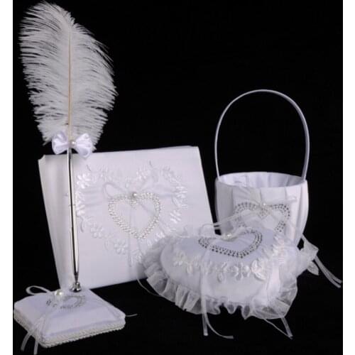 White Bow Book Bearer Ring Pillow & Feather Pen Set Girl Flower Basket Heart Shape Diamond Wedding Decoration