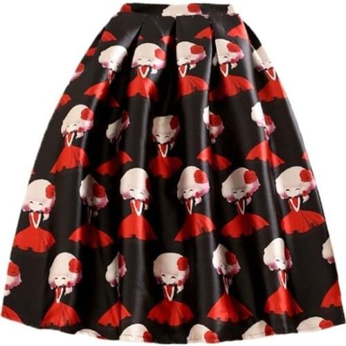 BunniesFairy New Sweet Lolita Style Cute Lady Girl in Red Cartoon Character Print High Waist Midi Skirt For Casual Holiday Wear