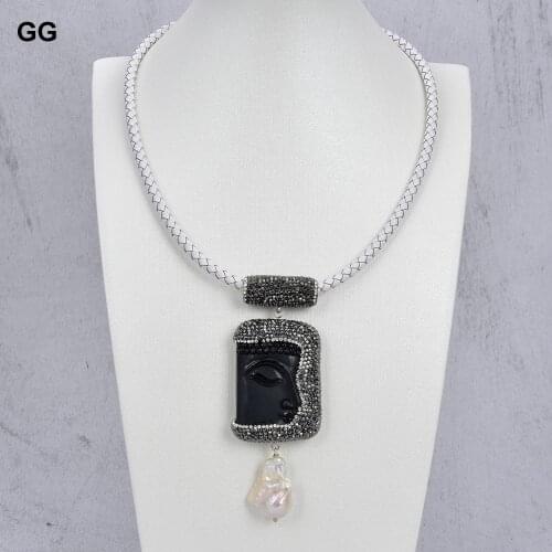 GG Jewelry 18" White Leather Necklace Keshi Pearl Black Buddha Pendant