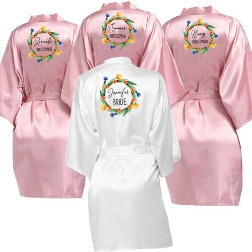 Custom Name Flower Print Wedding Bridal Party Gifts Bride Bridesmaid Team Robe Satin Kimono Bathrobe Dress Gown