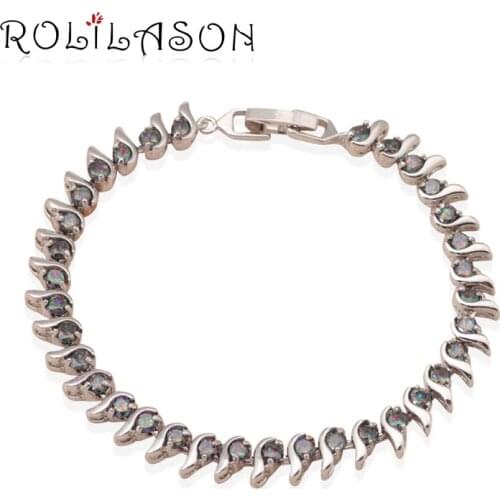 ROLILASON Special style AAA Zircon for women Round Rainbow Zircon Fashion jewelry Silver Charm bracelets TB749