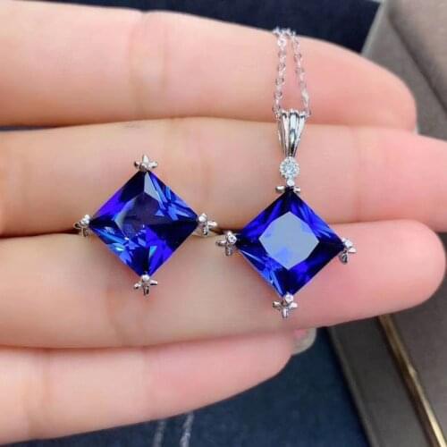 Sapphire Jewelry Set Natural And Real 925 Sterling Silver Fine Jewelry 1pc Sapphire Ring,1pc Sapphire Pendant Wedding Jewelry