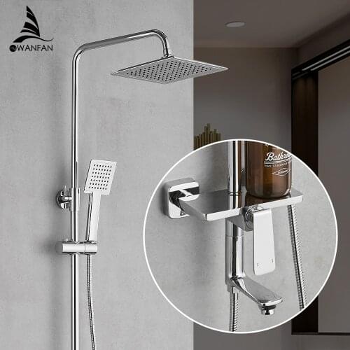 Shower Faucets Brass Chrome Faucet Square Tube Single Handle Top Rain Shower With Slide Bar Wall Water Mixer Tap 877003L