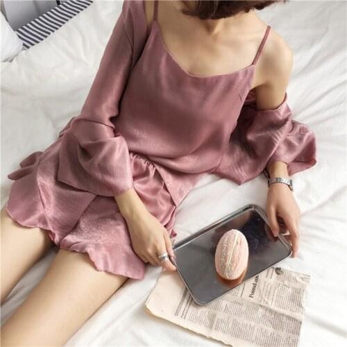 SR153 Pajamas Sets 3 pieces Satin Women Nighty Robe Gown Sleep Suit Sexy Summer Ruffled Shorts Strap Sleepwear Home Wear Pyjamas