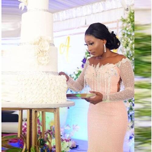 African SequinedMermaid Evening Dresses Sheer Scoop Tassels Back Major Beads Plus Size Prom Dress Aso Ebi Women Formal Vestidos