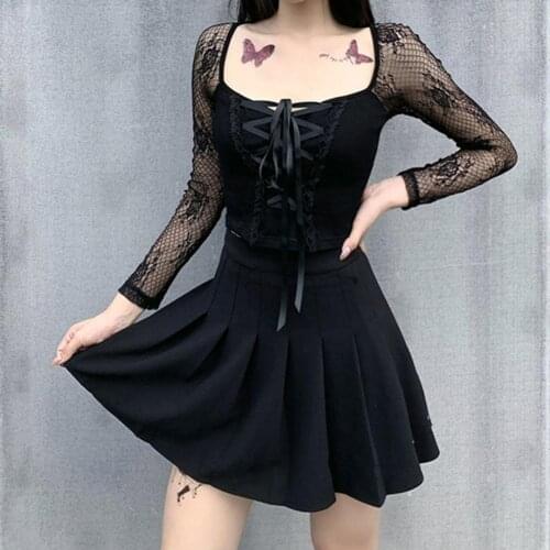 2021 Summer Women T-Shirt Lace Mesh Short/Long Sleeve Bandage T-Shirts Square Neck Bodycon Sexy tshirt Streetwear