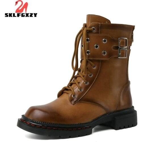 2021 Autumn Winter Genuine Leather Women Martin Boots European Cowhide Non-slip Soles Scooter Black Shoes Ankle Boots