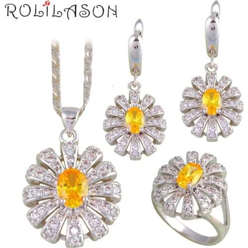 ROLILASON For Women Chirstmas Best Gift Yellow Zircon Silver Stamped Sets Earring /Necklace/Pendant/ Ring Fashion Jewelry JS676