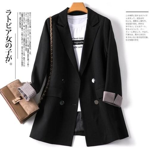 2019 Women Double Breasted Long Blazers Office Lady Small Suit Jacket Ladies Leisure Black Blazer Loose Female Coat Streetwear