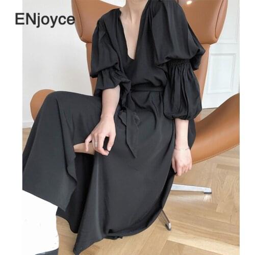 Women Elegant Sexy V-Neck Lantern Sleeve Split Maxi Dress with Belt French Style Slim Vintage A-line Dresses Spring Summer 2021