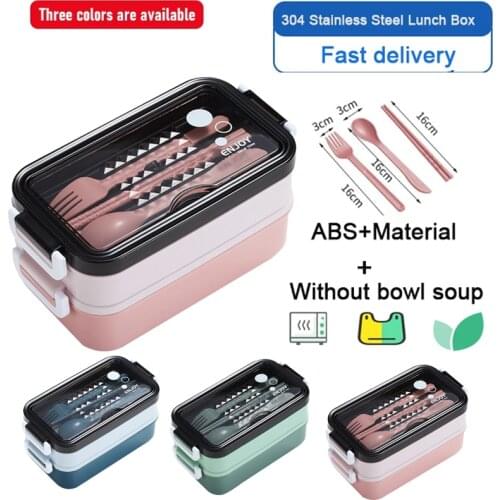 2 Layers Microwave Lunch Box 304 Stainless Steel Bento Box For Kids Worker Heating Lunch Container With Tableware Food Storage