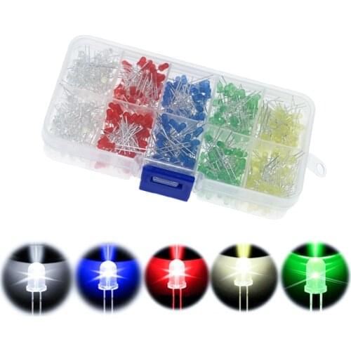500PCS 3MM LED Diode Kit Mixed Color Red Green Yellow Blue White + BOX 100 per color