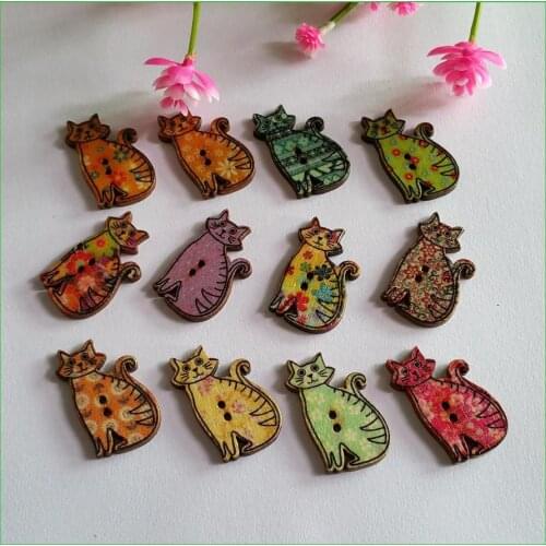 80pcs Lovely Cat painted loose Wooden decorative Buttons for Scrapbook Craft Sewing Supplies 18x30mm botones