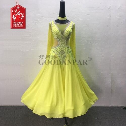 New Competition ballroom Standard dance dress,figure skating dress,Long sleeves,Ballroom Dance Dress,lemon yellow,Slim fit