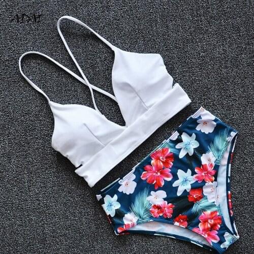 High Waist Bikini White Swimsuit Women 2 Piece Sets Floral Print Bathing Suit Sexy Bikini Backless Drawstring swimwear 2021