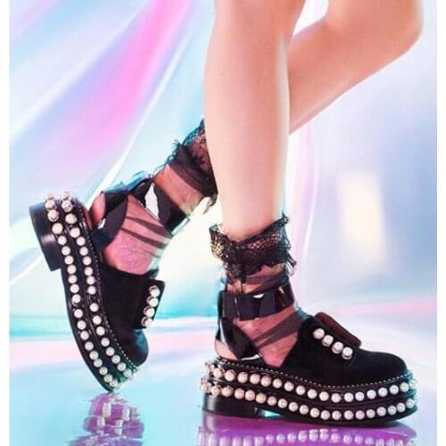 Black Suede Punk Ladies Pearl Studded Platform Thick Sole Sandals Round Toe Shiny Leather Patchwork Hook Loop Beach Sandalias