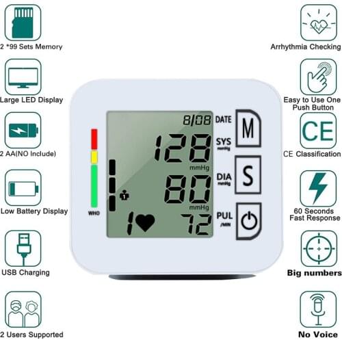 Digital Wrist Blood Pressure Monitor Pulse Meter Heart Rate Monitor Tonometer Mini Sphygmomanometer LCD Display Pulsometer