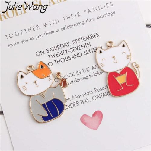 Julie Wang 5pcs Enamel Cartoon Japanese Cat Charms Alloy Gold Tone Animal Pendant Necklace Bracelet Jewelry Making Accessory