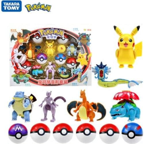6Pcs Pokemon Toy Set Pocket Monster Pikachu Action Figure Elf Ball Model Anime Deformation Pokeball Kawaii Kids Collect Toy Gift
